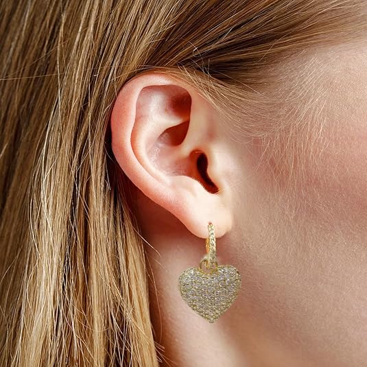 Dainty Full Cubic Zirconia Heart Dangle Small Hoop Earrings for Women Ladies Trendy Sweet Crystal Bling CZ Love Charm Drop Huggie Earring for Her Birthday Valentines Mother's Day Fine Jewelry Gifts - color: Gold-tone