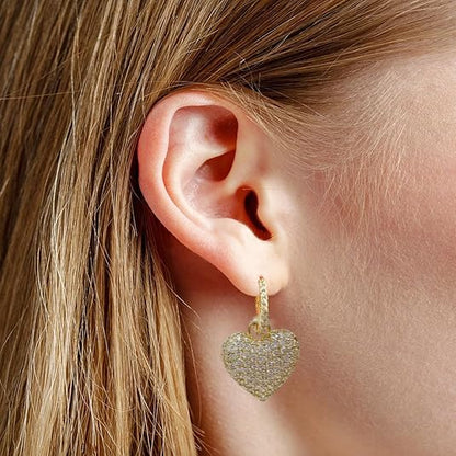 Dainty Full Cubic Zirconia Heart Dangle Small Hoop Earrings for Women Ladies Trendy Sweet Crystal Bling CZ Love Charm Drop Huggie Earring for Her Birthday Valentines Mother's Day Fine Jewelry Gifts - color: Gold-tone