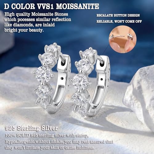 D-Color VVS1 Moissanite Hoop Earrings for Women 925 Sterling Silver Earrings Emerald Cut Pave - style: 925 Sterling Silver-Round Moissanite