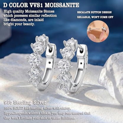 D-Color VVS1 Moissanite Hoop Earrings for Women 925 Sterling Silver Earrings Emerald Cut Pave - style: 925 Sterling Silver-Round Moissanite
