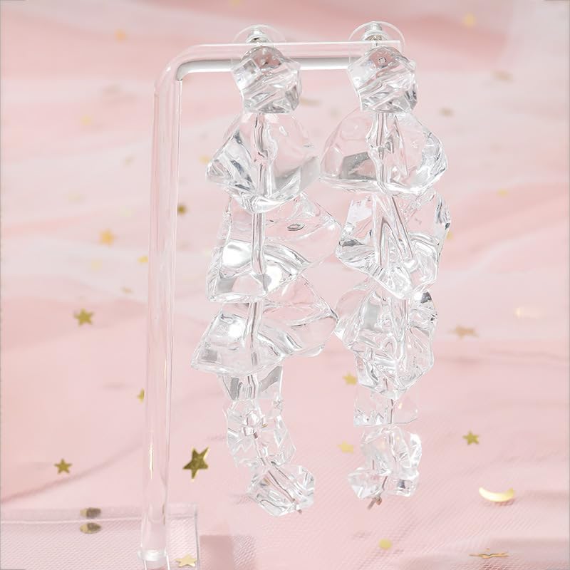 Large Clear Crystal Tassel Earrings for Women, 18K Gold Plated Posts, Geometric Chandelier Acrylic Drop Earrings, Oversized Transparent Cluster Dangles for Wedding, Party, Prom, Statement Jewelry