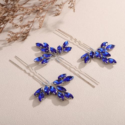 Teyglen 3pcs Bridal Crystal Hair Pins Rhinestones Hair Pieces Simple Crystal Wedding Hair Accessories Handmade Hair Pins for Women Bride (Blue) - color: Blue