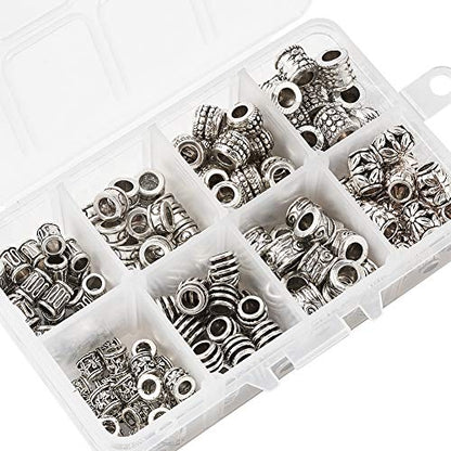 Craftdady 190Pcs Antique Silver Spacer Beads 8 Styles Tibetan Large Hole Column Tube Barrel Metal Charm Beads Hole: 4-5mm Fit European Charm Snake Chain Bracelet Jewelry Making - color: 8 Styles, 190Pcs, Antique Silver