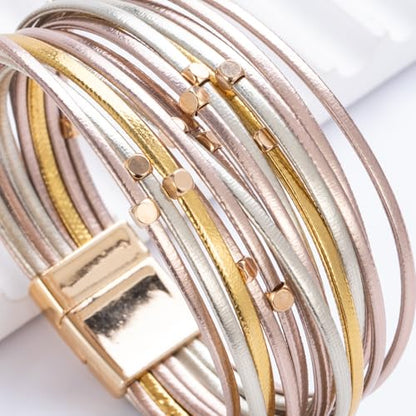 Stackable Beaded Leather Wrap Bracelet Boho Western Country Beach Jewelry | Layered Bead Stack Multi Strand Magnetic Clasp Cuff Bangle Bohemian Hippie Cowgirl Fashion Summer Vacation Outfits for Women - color: Mix Gold