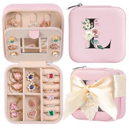 AYGXU Travel Jewelry Box for Women and Girls - Small Case With Initial A-Z - Teacher Gifts - color: pink, size: L