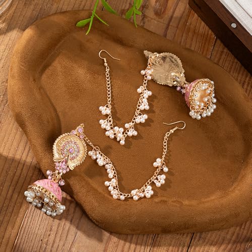 Indian Earrings for Women Vintage Bollywood Jhumka Chandelier Drop Wedding Dangle Earrings with Hair Chain Boho Ethnic Bridal Jewelry Fancy Jhumkis Diwali Karva Chauth Festival Accessories Party Wear