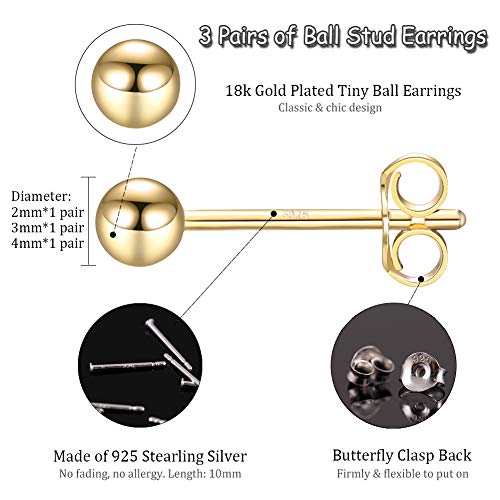 EPIRORA Sterling Silver Stud Earrings for Women- 3 Pairs Tiny Ball Stud Earrings Round CZ Cubic Zirconia Earrings Pearl Earrings Set Cartilage Small Tragus Earrings(2mm,3mm,4mm) - style: Ball earrings(2mm,3mm,4mm)-18k Gold Plated