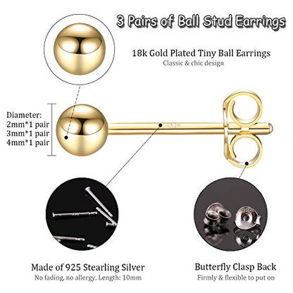 EPIRORA Sterling Silver Stud Earrings for Women- 3 Pairs Tiny Ball Stud Earrings Round CZ Cubic Zirconia Earrings Pearl Earrings Set Cartilage Small Tragus Earrings(2mm,3mm,4mm) - style: Ball earrings(2mm,3mm,4mm)-18k Gold Plated