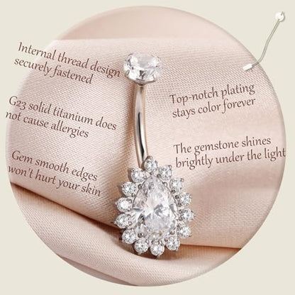 AROWRO Gold Belly Button Ring G23 Titanium Hypoallergenic 14G belly ring for Women Men Teardrop Navel Piercing Jewelry 10mm Barbell With Cubic Zircon - color: Sliver+Clear CZ