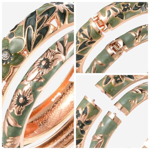 wynameleri Womens Multi-colors Cloisonne Bracelets Flower Enameled Gold Plated Hinged Cuff Bangles Jewelry Gift 3 Packs - color: 3 Pcs Set-Green