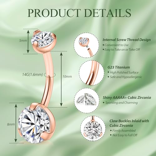 FUNLMO 14G Belly Button Ring Titanium Belly Button Piercing Belly Ring Internally Threaded Navel Piercing Jewelry - color: Rose gold-Clear CZ