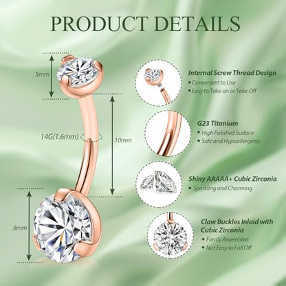 FUNLMO 14G Belly Button Ring Titanium Belly Button Piercing Belly Ring Internally Threaded Navel Piercing Jewelry - color: Rose gold-Clear CZ