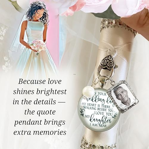 Bouquet Charm On Your Wedding Day Memorial Honoring Mom Dad Grandma Grandpa Meaningful Bridal Floral Jewelry Silver Finish Pendant Bride's Flowers Photo Frames Parent Grandparent - color: White Bead, style: My Daughter | 1 Frame