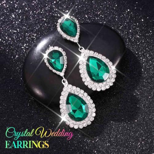 Catery Crystal Wedding Earrings Silver Rhinestone Ear Rings Teardrop Bridal Ear Jewelry for Brides and Women - color: Green