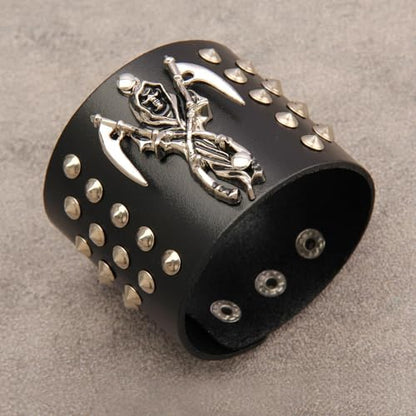 JAOYU Punk Leather Cuff Bracelet Goth Leather Wristband Rock Bracelet Biker Bracelet for Men Leather Armband Black Handmade Jewelry - color: Death Skull Bracelet Black