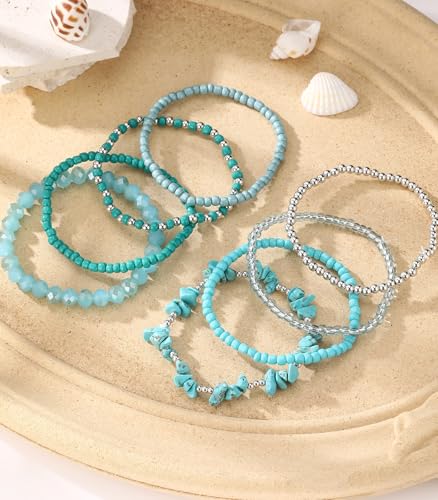 Noessla Boho Beaded Bracelets for Women Stackable Irregular Natural Stone Bead Stretch Bracelet Set 8PCS Costume Jewelry Gifts for Her - color: Turquoise