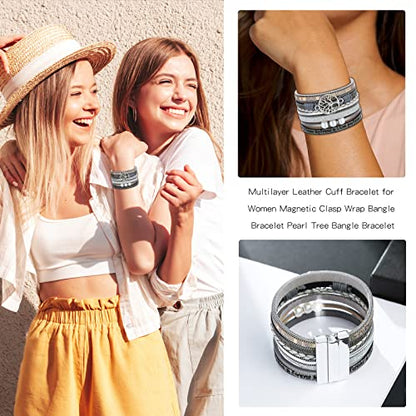Long tiantian Boho Western Bracelets for Women Leather Wrap Bracelets Turquoise Bracelet Western Jewelry Country Concert Outfits - color: bracelet stack(grey)