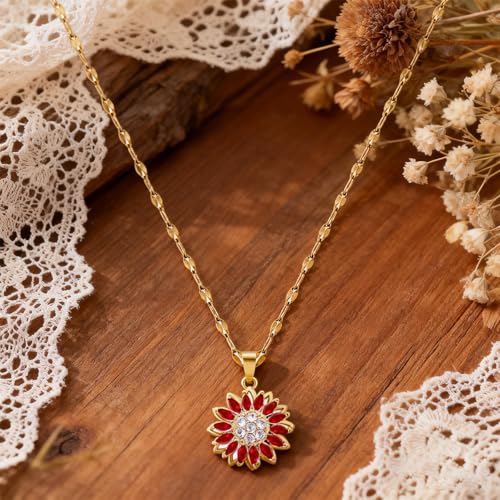 Sunflower Fidget Necklace for Women Gold Moon Necklace Rotating Heart Necklaces Spinning Crystal Flower Anxiety Necklaces Crescent Moons Jewelry Accessories - color: Gold Red