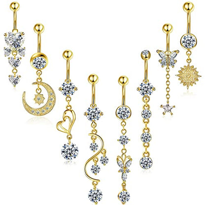 Hicarer 8 Pieces 14G Belly Button Rings Steel Long Dangle Navel Ring CZ Body Piercing Jewelry - color: Gold