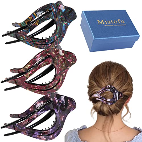 Mistofu 3Pcs French Concord Women's Hair Claw Clips - Curved Strong Hold No Slip Grip Large Clips for Thick or Thin Hair (multicolor A) - color: multicolor A