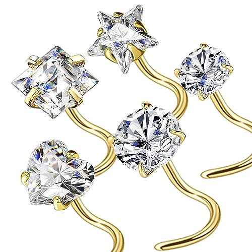 14k Gold Plated 316L Surgical Steel 22g/20g/18g Nose Rings Studs L-Shape Bone Screw Nostril Piercing 1.5mm 2mm 2.5mm 3mm 3.5mm 4.5mm CZ Nose Studs for Women - color: 18g 5pcs S Gold 316L Surgical Steel