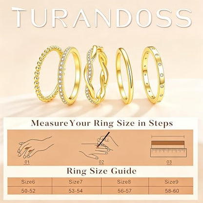 Turandoss Gold Stackable Rings Set for Women Non Tarnish | 14K Gold Plated, Trendy CZ Stackable Engagement Rings Stack, Thin Thumb Wedding Bands Ring Set, Size 6 7 8 9, 5PCS - color: 14K Gold-Plated