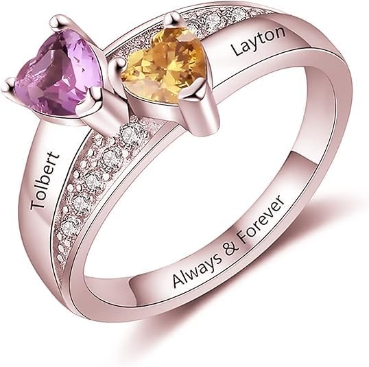 Custom Multi-Stone Family Ring 925 Sterling Silver/10K/14K/18K Gold Colored Personalized (2-8 stones) Birthstone Engraved Ring for Women Mom Wife Jewelry Gifts - style: Two Stone