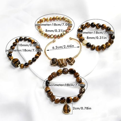 Yomisa Boho Beaded Bracelets/Bangle for Women,Multilayer 5/6/7PCS Healing Natural Handmade Stone Bead Bracelets Stackable Stretch Friendship Beaded Bracelet Set Trendy Western Bohemian Jewelry Gift - color: 5pcs-Tiger eye
