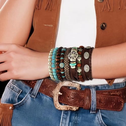 Stack Turquoise Western Bracelets for Women Boho Turquoise Beaded Concho Bangle Ox-Head Charm Cowboy Chic Bracelets Western Jewelry Cowgirl Accessory for Country Concert Outfits - color: Silver Flower Bullhead