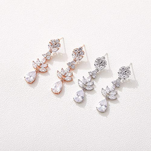 SWEETV Teardrop Wedding Earrings for Brides Birdesmaid | Crystal Cubic Zirconia Bridal Drop Earrings for Women Prom - color: Silver