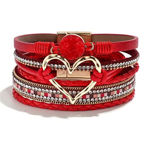 Heart Leather Bracelets for Women Chunky Warp Bracelet Western Boho Vintage Jewelry Country Concert Outfits - color: A7：red leather warp bracelet