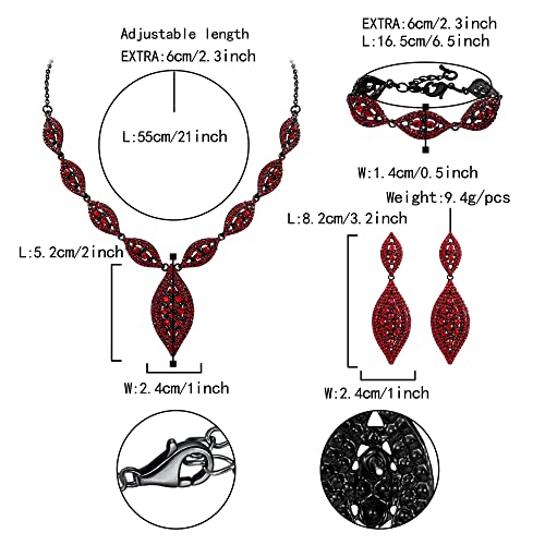 Flyonce Wedding Jewelry Set Rhinestone Crystal Bridal Leaf Necklace Drop Dangle Chandelier Earrings Sets for Women - color: Red Black-Tone