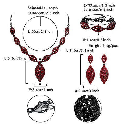 Flyonce Wedding Jewelry Set Rhinestone Crystal Bridal Leaf Necklace Drop Dangle Chandelier Earrings Sets for Women - color: Red Black-Tone