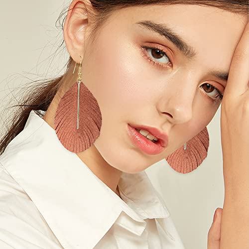YUNXI Large Genuine Soft Leather Handmade Fringe Feather Lightweight Leaf with Simple Drop Metal Bar Tear Drop Dangle Color Earrings for Women - color: Brown