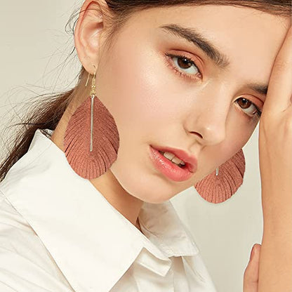 YUNXI Large Genuine Soft Leather Handmade Fringe Feather Lightweight Leaf with Simple Drop Metal Bar Tear Drop Dangle Color Earrings for Women - color: Brown