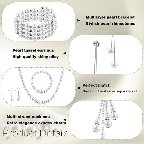 Bonuci 12 Pcs Women Pearl Jewelry Set Pearl Necklace Bracelet Earrings with Rhinestone for Wedding Birthday Bridal Tea Party - style: Classic