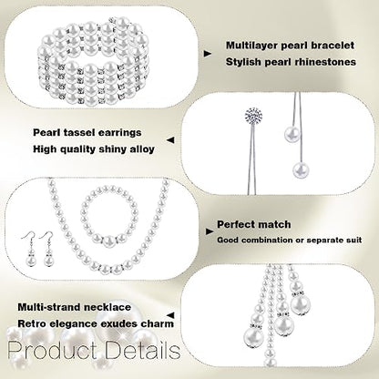 Bonuci 12 Pcs Women Pearl Jewelry Set Pearl Necklace Bracelet Earrings with Rhinestone for Wedding Birthday Bridal Tea Party - style: Classic