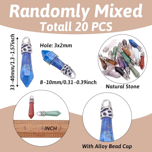 20Pcs Bullet Shape Gemstone Pendants Natural & Synthetic Random Mixed Hexagonal Chakra Crystal Pointed Quartz Charm with Platinum Alloy Loop 33~40x8~9mm for Necklace Earring Bracelet Making - color: 3-Mixed Color-Bullet