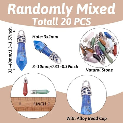 20Pcs Bullet Shape Gemstone Pendants Natural & Synthetic Random Mixed Hexagonal Chakra Crystal Pointed Quartz Charm with Platinum Alloy Loop 33~40x8~9mm for Necklace Earring Bracelet Making - color: 3-Mixed Color-Bullet