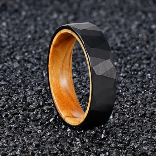 2/4/6/8mm Black/silver/gold Tungsten Rings for Men Womens Couple Fashion Jewelry Promise Engagement Wedding Band Hammered Inner ring inlaid with olive wood Carbide Polished Edge Comfort Fit - color: 6MM olive wood black
