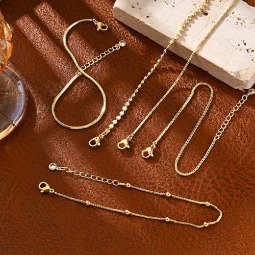 Gold Bracelets for Women, 14K Gold Plated Stackable Bracelet Stack Set Adjustable Charm Paperclip Chain Snake Link Layered Waterproof Jewelry Sets Gifts - style: Bracelets Set /8
