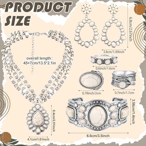 Ecally Bohemian Western Jewelry Turquoise Set Women Country Pendant Long Choker Layered Bracelets Earrings Ring for Women - color: White, style: Shiny