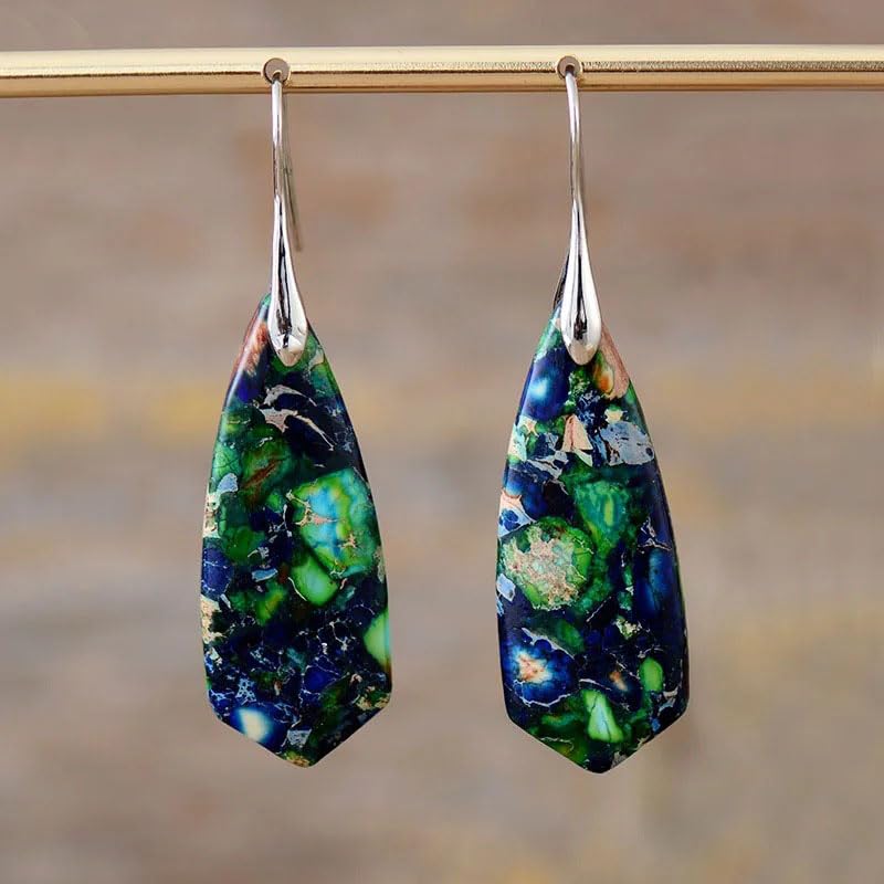 Boho Natural Imperial Jasper Teardrop Dangle Earrings for Women – Hypoallergenic French Hook Stone Drop Earrings Jewelry - color: Green Silvery Hook 2#
