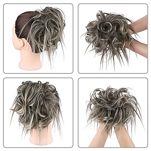 HMD Tousled Updo Messy Bun Hair Piece for Women Curly Hair Bun | Synthetic Messy Hair Bun Scrunchies Tousled Updos Ponytail Hairpieces for Daily Wear - color: Ash Blonde Mix Dark Brown