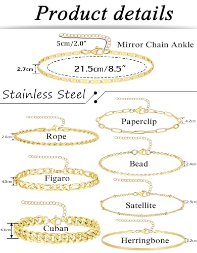 8Pcs Ankle Bracelets for Women Stainless Steel Waterproof Layered Cuban Figaro Link Chain Rope Paperclip Herringbone Satellite Bead Anklets Set Summer Beach Jewelry Gold Silver Tone 8.5 Inch - color: A:Gold