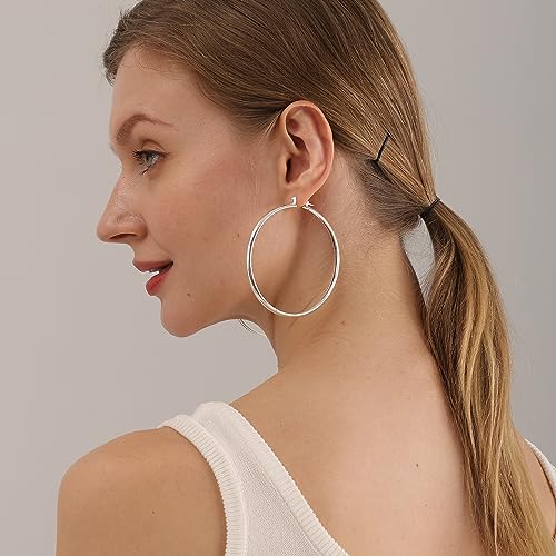 4mm Thick Gold Chunky Earrings Steling Silver Post Hoops Earrings For Women Hollow Tube Hoops Earrings Thick Gold Hoop Earrings Hypoallergenic Lightweight Gold Hoop Large Earrings 20/30/40/50/60MM - color: Silver,60mm