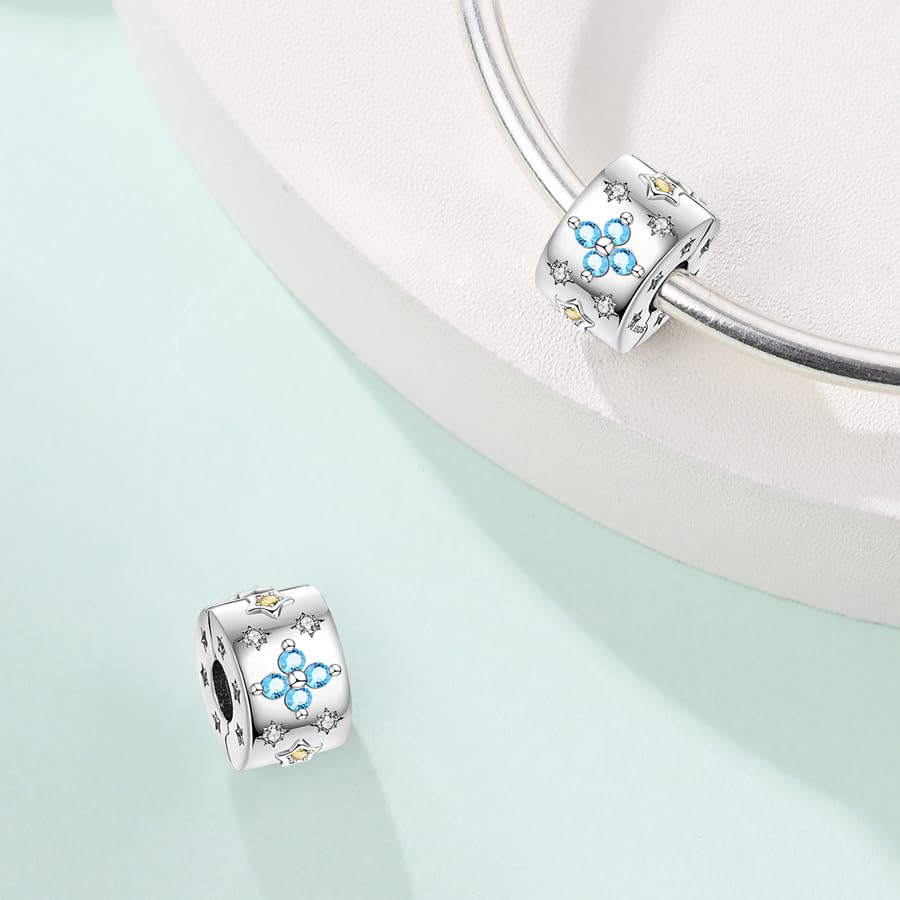 925 Sterling Silver Openable Clip Spacer Bead Fits Pandora Bracelet | Hypoallergenic Clip Stopper Charm, Star Clover Butterfly Floral Mom Heart Paved Zircon Gift for DIY Charm Bracelet Jewelry - color: Celestial Blue Star