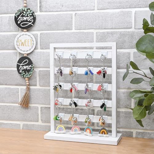 Ikee Design 5 Tiers Free Assemble Wooden Jewelry Display Rack with 20 Removable Metal Hooks,Earring Card Display Stand,Jewelry Organizer,Bracelet Organizer,Keychain Display Stand,Wash White | Wooden 5 Tiers Jewelry Display Rack with Hooks: Comes with 20 r