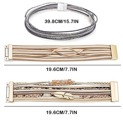 Wowanoo 3Pack Leather Cuff Bracelet Set Multilayer Wrap Bracelet Crystal Feather Tree Bracelet Magnetic Clasp Bracelet for Women - color: Khaki Brown Black