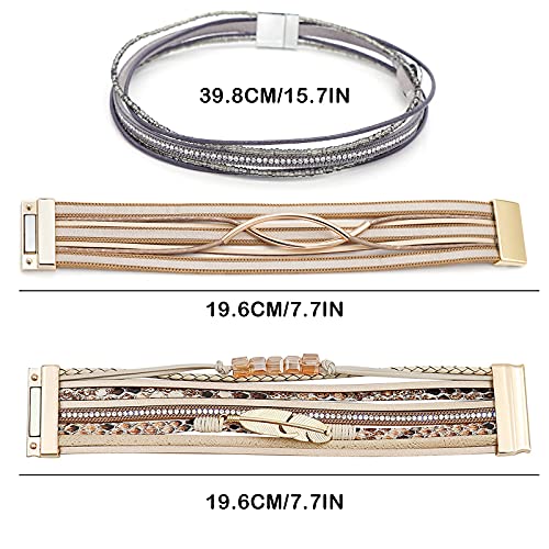 Wowanoo 3Pack Leather Cuff Bracelet Set Multilayer Wrap Bracelet Crystal Feather Tree Bracelet Magnetic Clasp Bracelet for Women - color: Khaki Brown Black